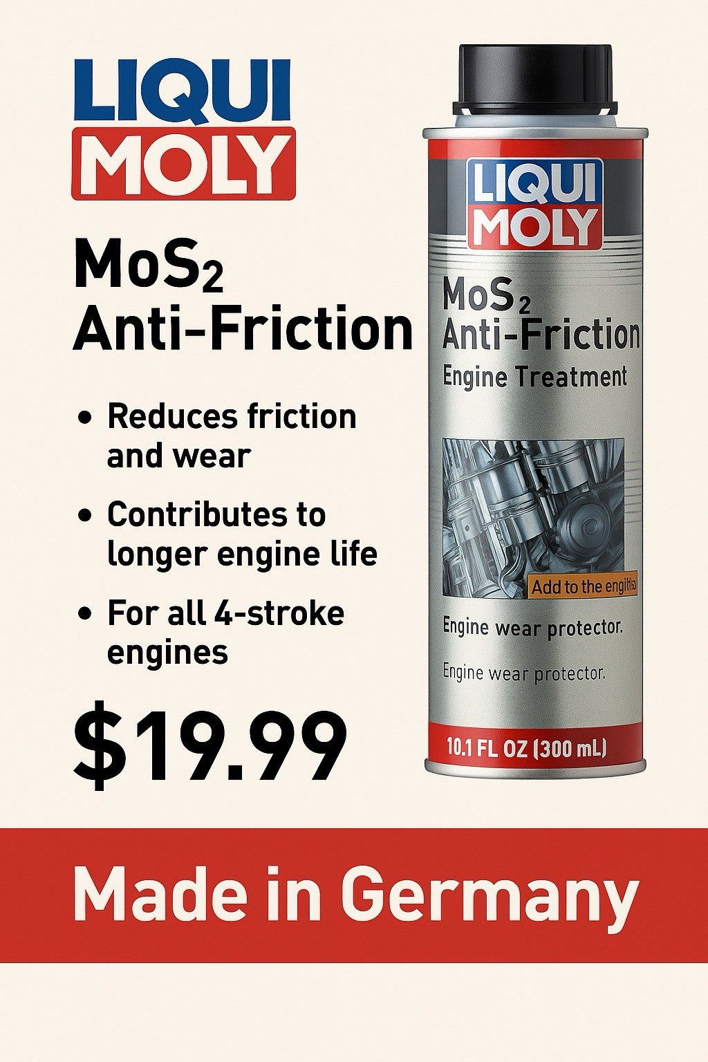Liqui Moly MoS2 Anti-Friction Engine Treatment | 300 ml | Oil additive0