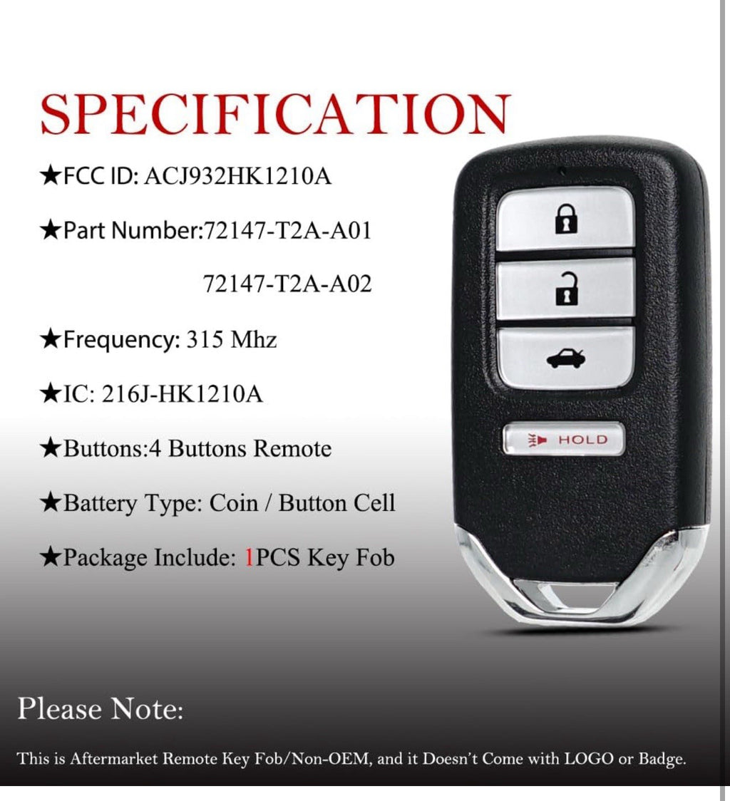 MechanMagic Key Fob Remote Replacement Fits for Honda Accord 2013-2... Fast Ship2