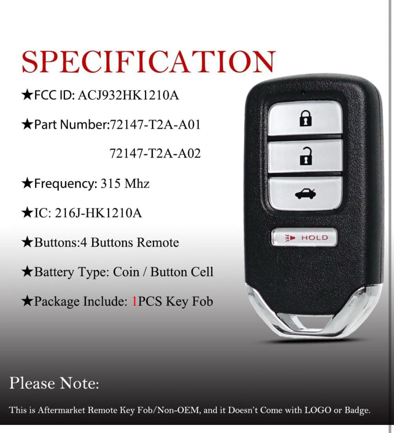 MechanMagic Key Fob Remote Replacement Fits for Honda Accord 2013-2... Fast Ship2