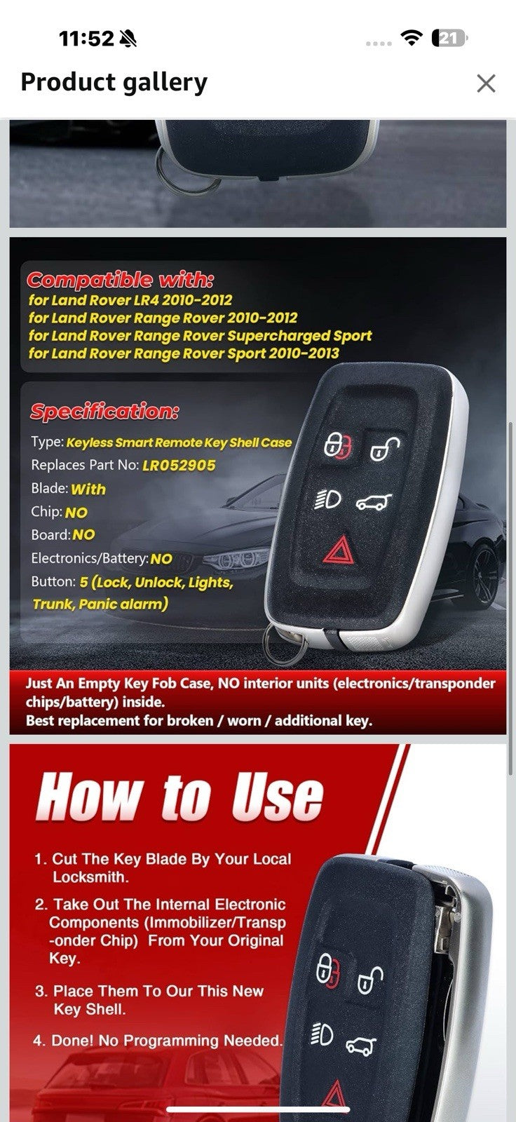 Genuine Land Rover LR4 Rover Sport Remote Control Key Fob Cover Case LR0529052