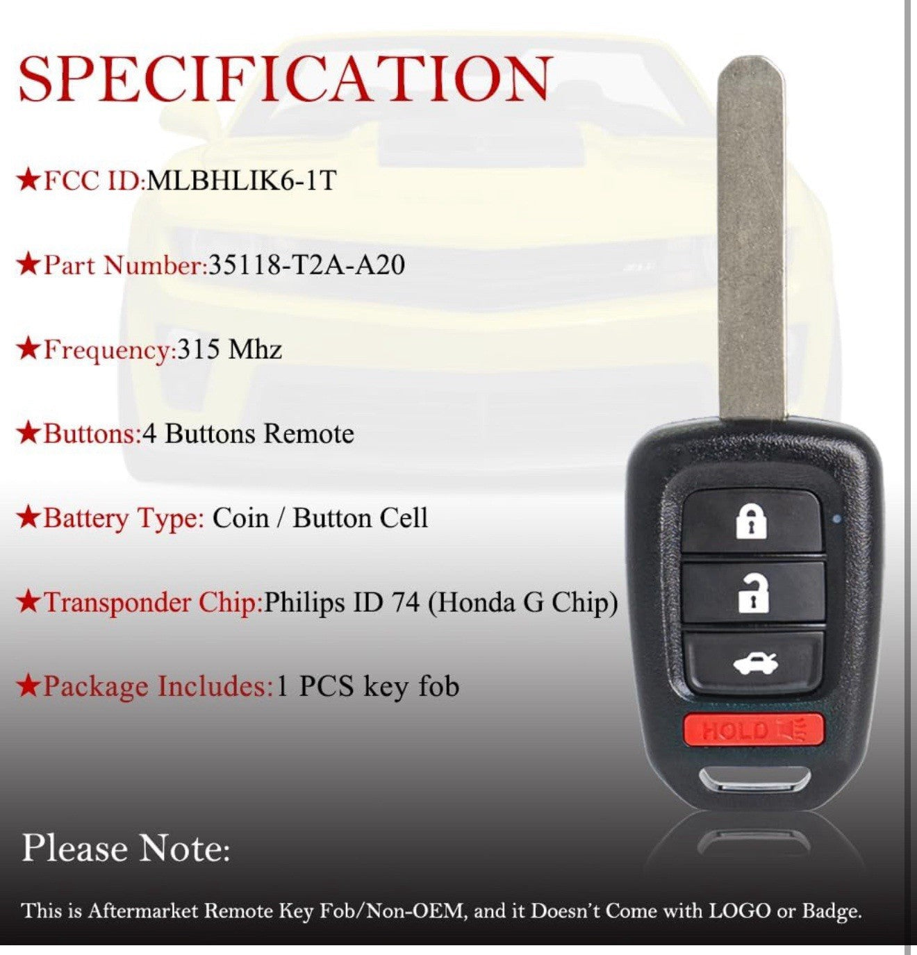 Key Fob Remote Replacement Fits for Honda Accord 2013 2014 2015 / Civic 2014-...3