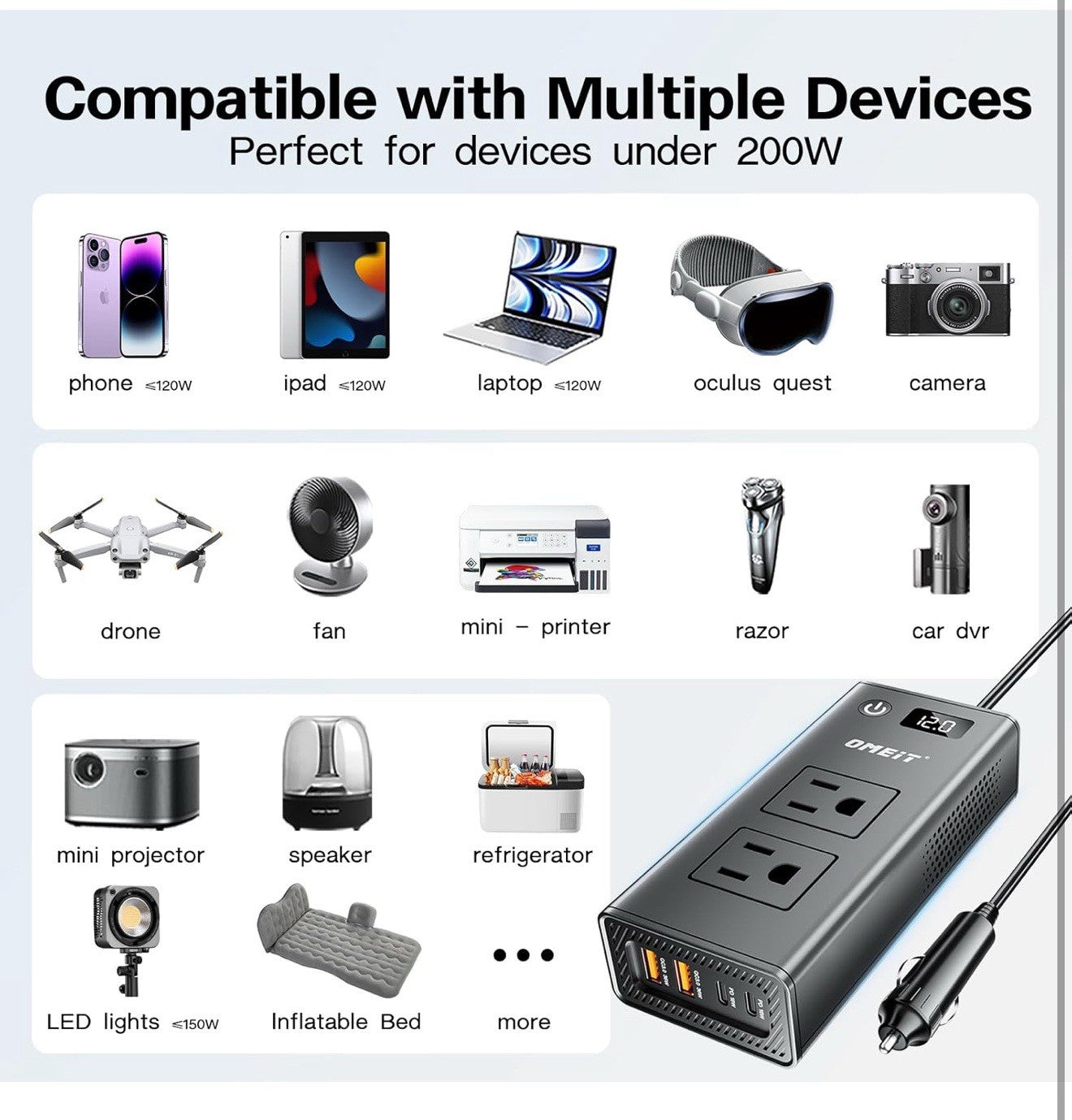 200W Car Power Inverter, OMEiT DC 12V to AC 110V Converter with Fast Charger... 8