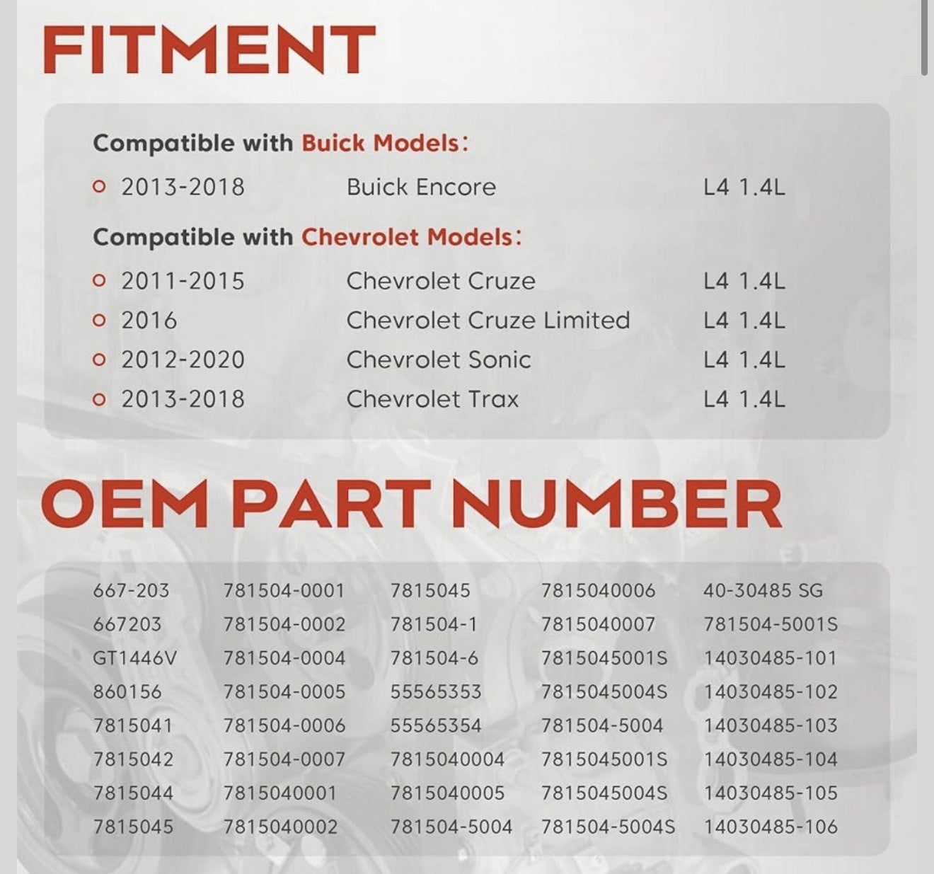 1.4 L Turbocharger with Gaskets Repair kits Compatible with 2011-2015 Chevy Chev1