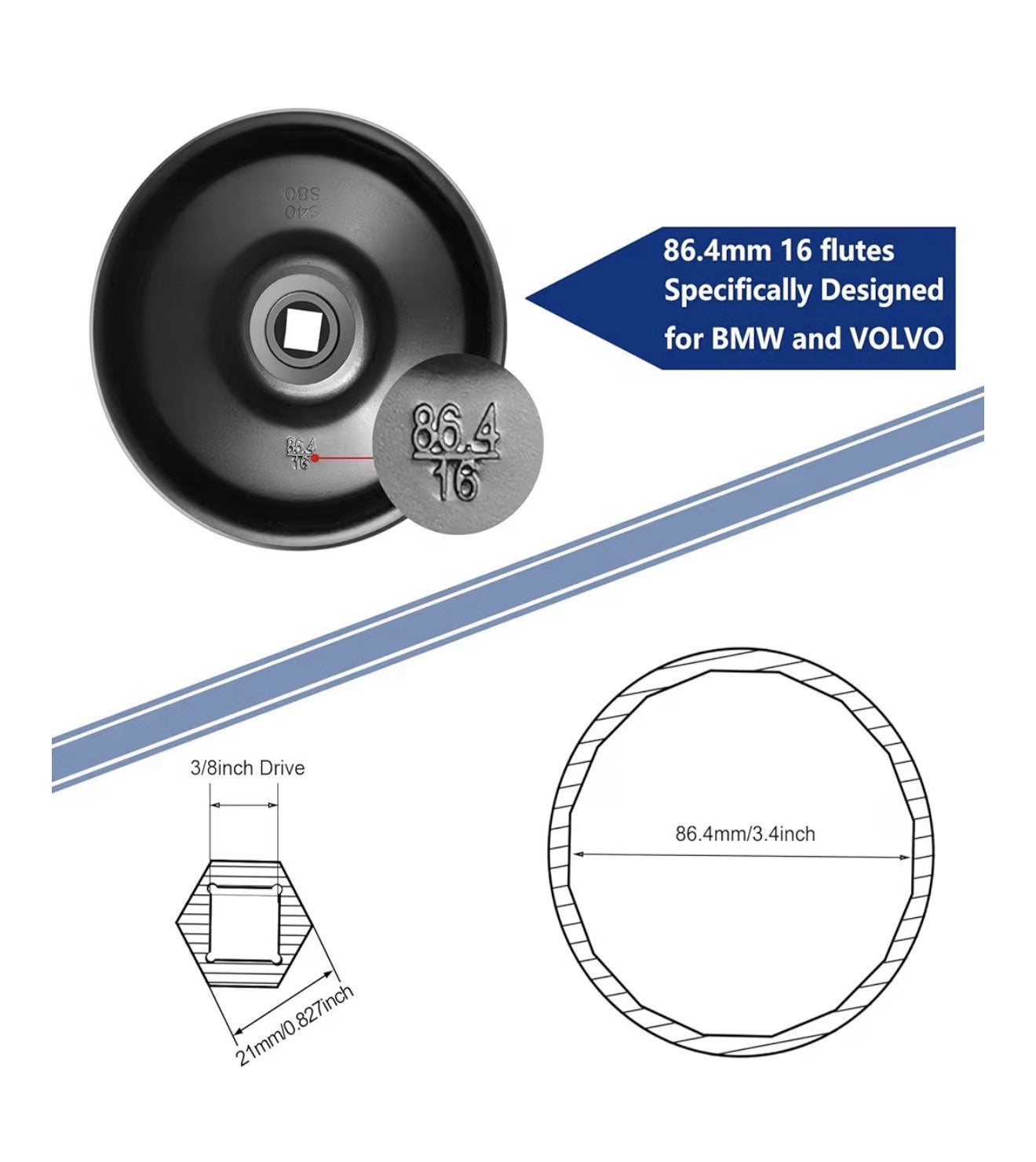 86.4mm 16 Flutes Oil Filter Wrench for BMW and Volvo with 86mm Filter Housing...2