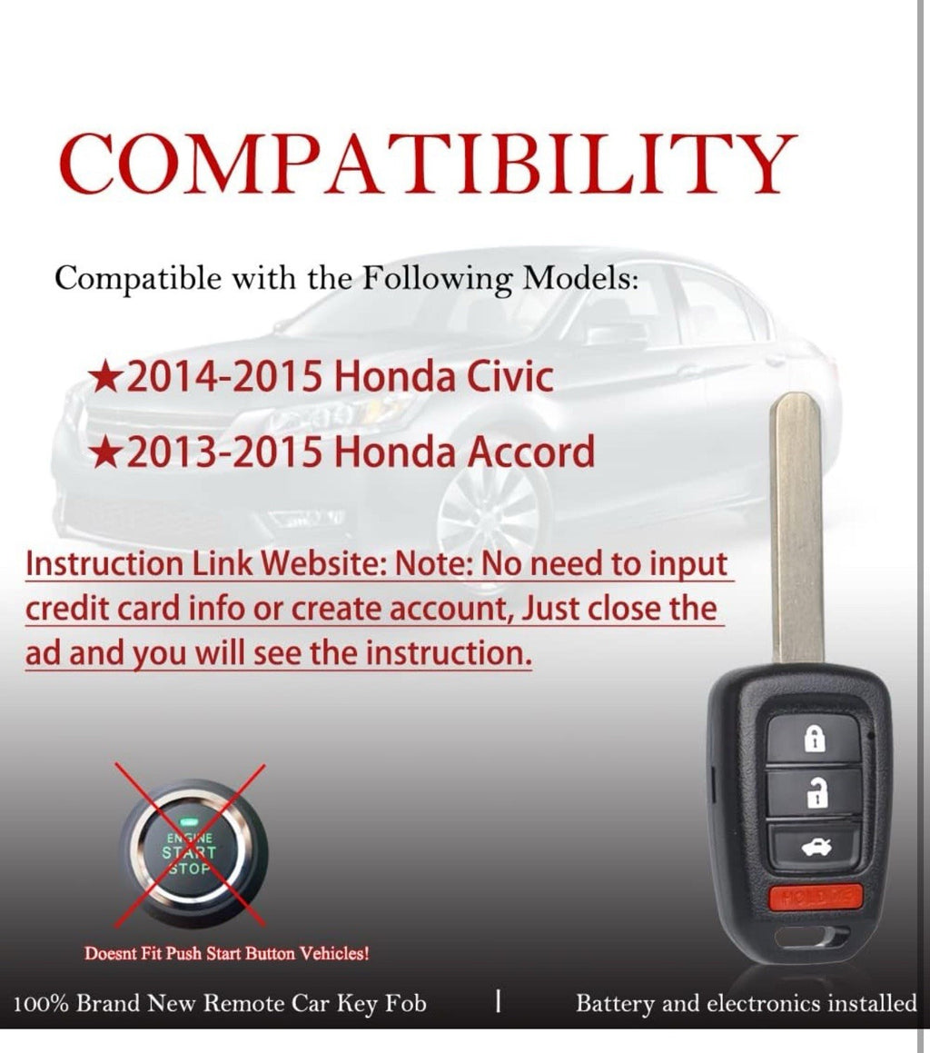 Key Fob Remote Replacement Fits for Honda Accord 2013 2014 2015 / Civic 2014-...2
